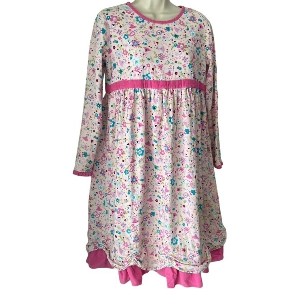 Hanna Andersson Girls 160 Floral Fairy Corduroy Dress Pink‎ Ruched Hem 2007 EUC